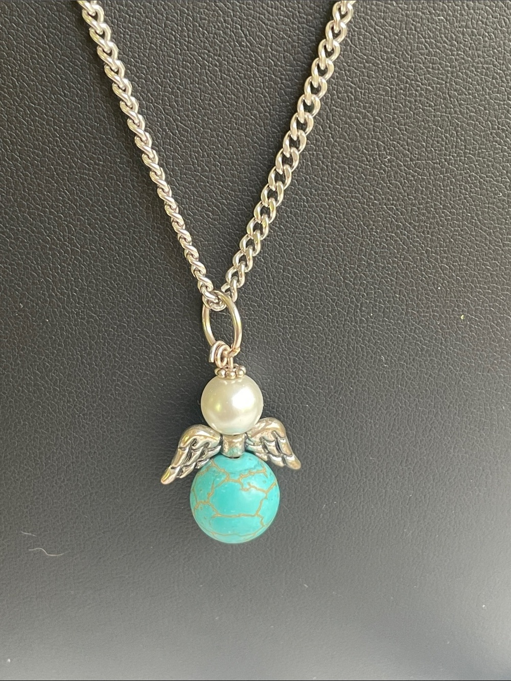 Silver Angel Pendant Necklace with Turquoise Colored and Pearl Accent 14” drop